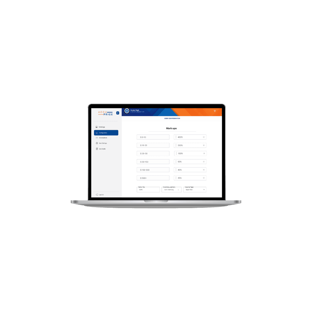 AccuPrice software interface showing user configuration and mark-ups